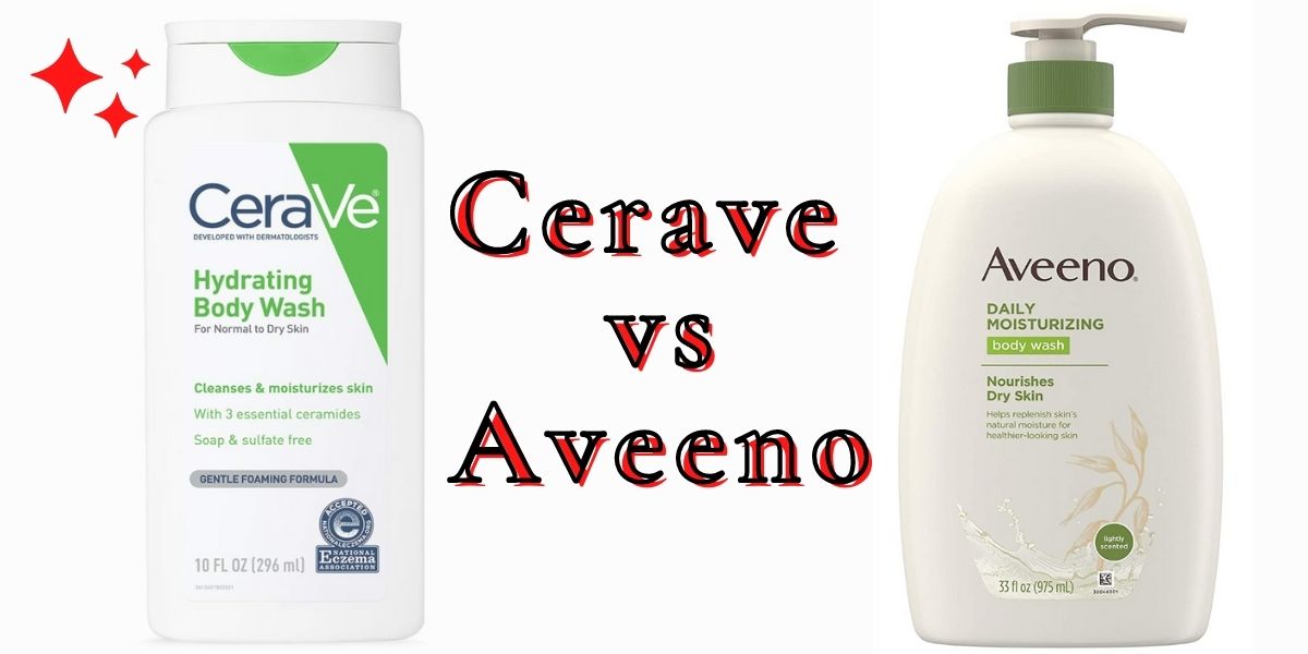 A bottle of Aveeno daily moisturizing body Wash next to a bottle of Cerave Hydrating Body Wash