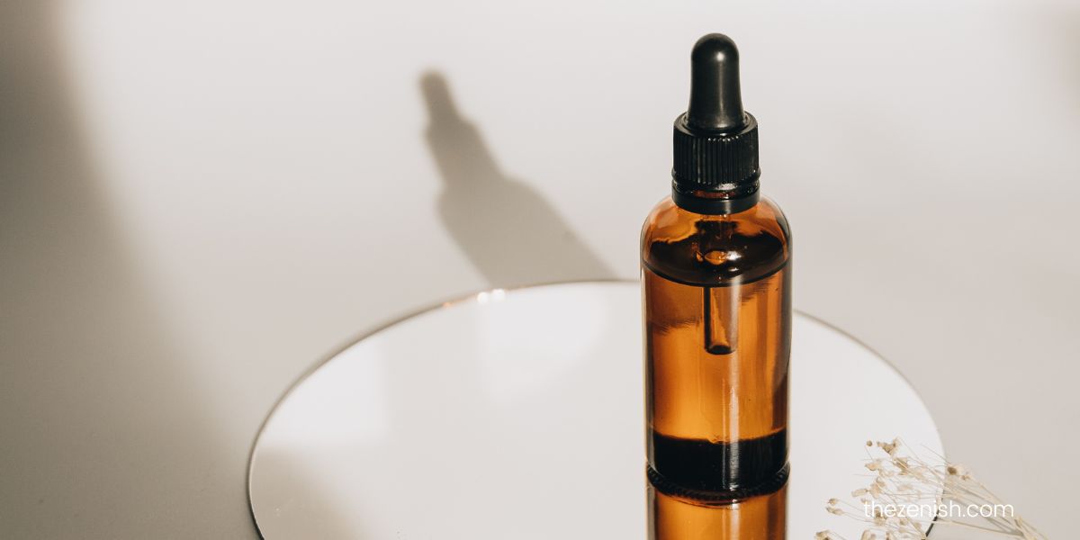 bottle of skincare oil on a table